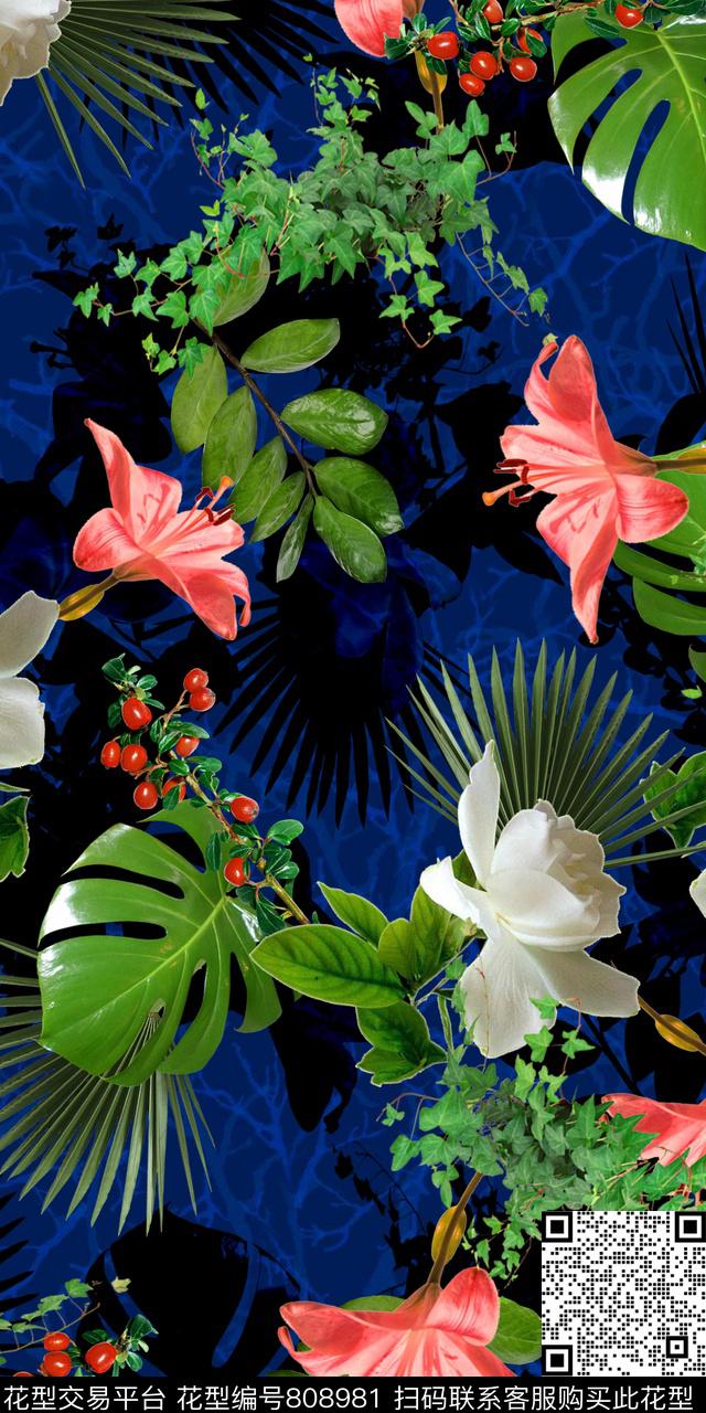 线条花卉热带植物。数码印花华亿平台下载（图片编号: 808981） - 瓦栏（Walan）