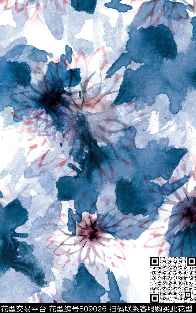 水彩花卉手绘数码印花华亿平台下载（图片编号: 809026） - 瓦栏（Walan）