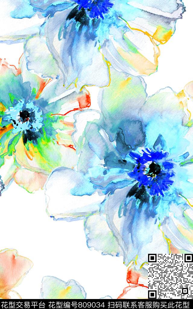 水彩花卉手绘数码印花华亿平台下载（图片编号: 809034） - 瓦栏（Walan）