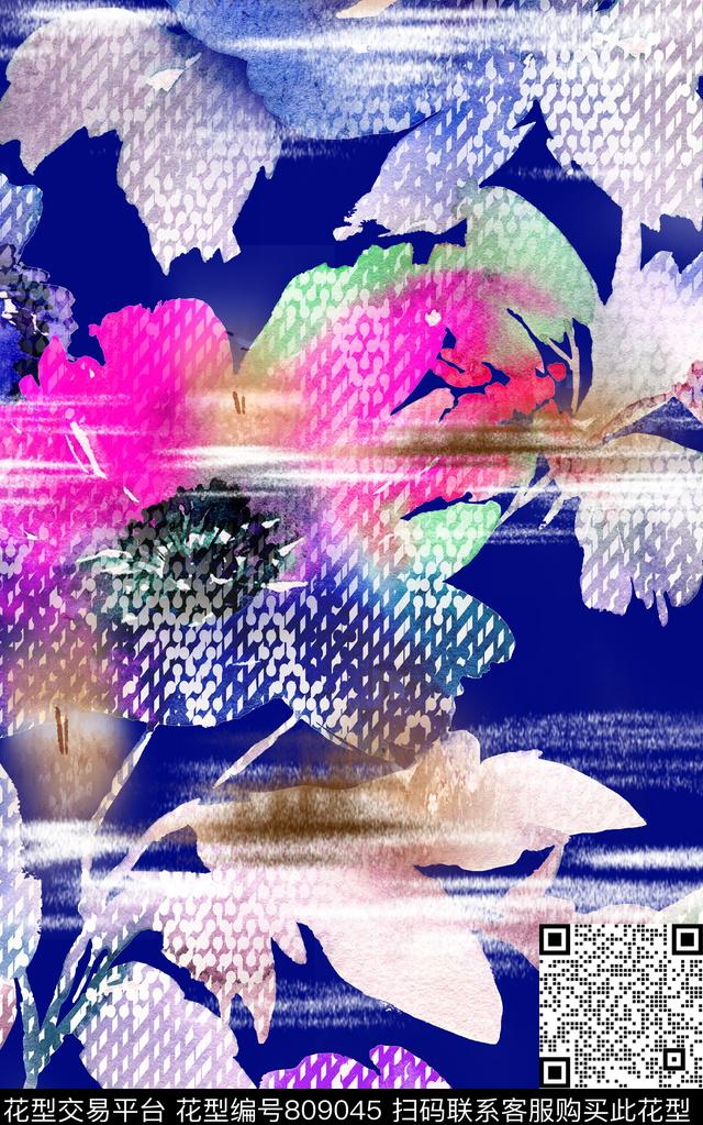 水彩几何花卉数码印花华亿平台下载（图片编号: 809045） - 瓦栏（Walan）