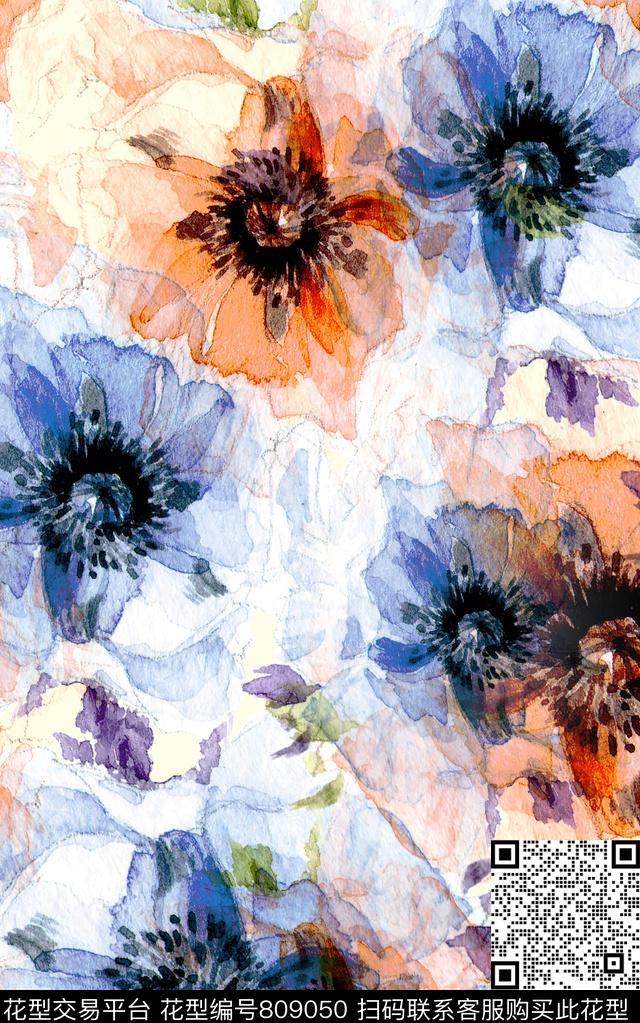 水彩花卉手绘数码印花华亿平台下载（图片编号: 809050） - 瓦栏（Walan）