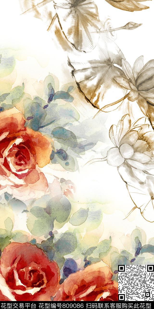 花卉手绘水彩数码印花华亿平台下载（图片编号: 809086） - 瓦栏（Walan）