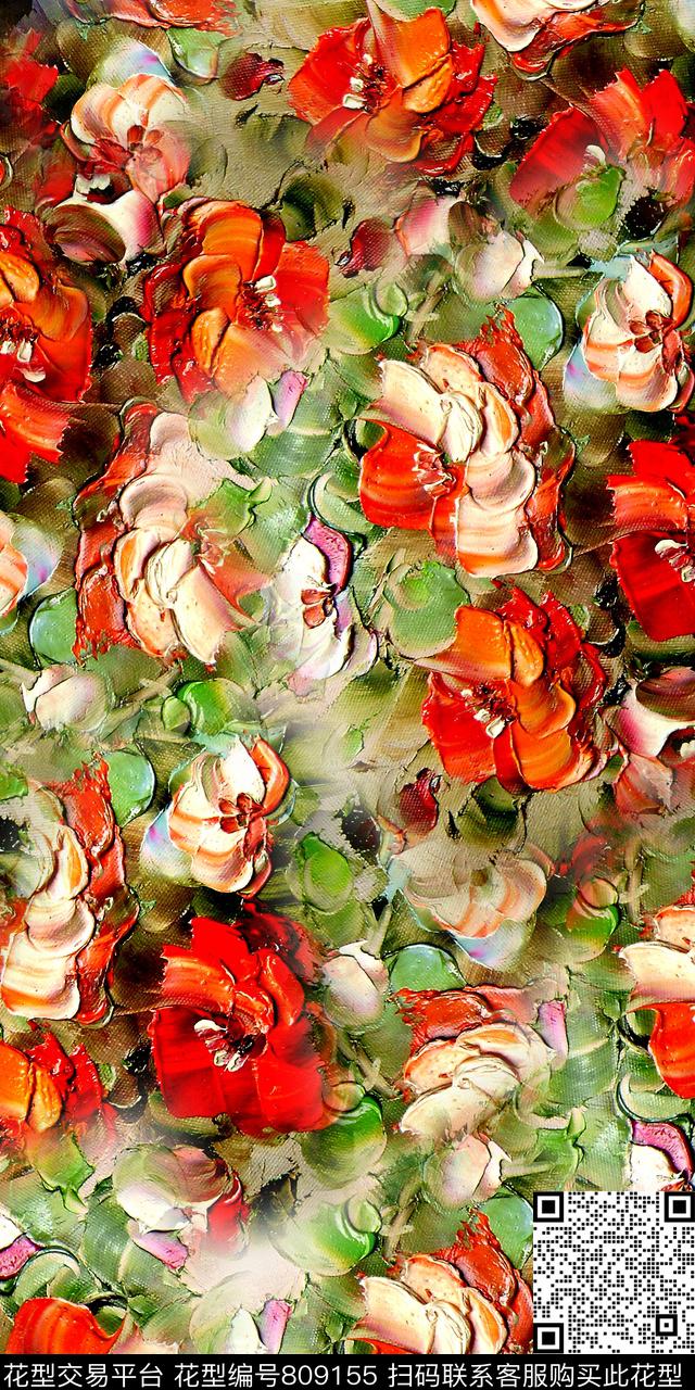 油画花卉小碎花满版花卉数码印花华亿平台下载（图片编号: 809155） - 瓦栏（Walan）