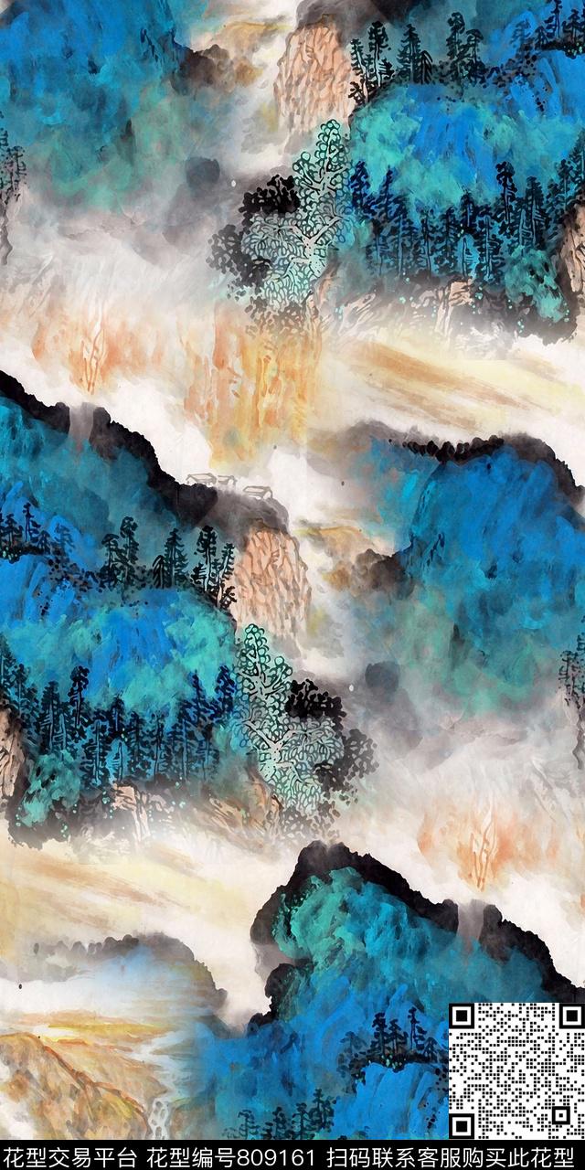 抽象水彩风景水彩山脉数码印花华亿平台下载（图片编号: 809161） - 瓦栏（Walan）