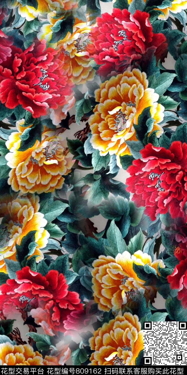 大花牡丹刺绣数码印花华亿平台下载（图片编号: 809162） - 瓦栏（Walan）