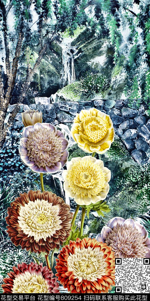 花卉水彩风景数码印花华亿平台下载（图片编号: 809254） - 瓦栏（Walan）