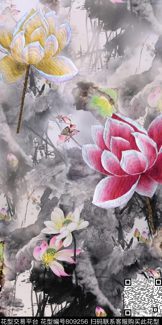 花卉刺绣荷花数码印花华亿平台下载（图片编号: 809256） - 瓦栏（Walan）
