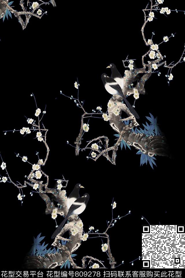 花鸟梅花鸟数码印花华亿平台下载（图片编号: 809278） - 瓦栏（Walan）
