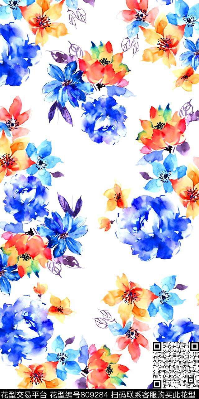 水彩手绘花卉传统印花华亿平台下载（图片编号: 809284） - 瓦栏（Walan）