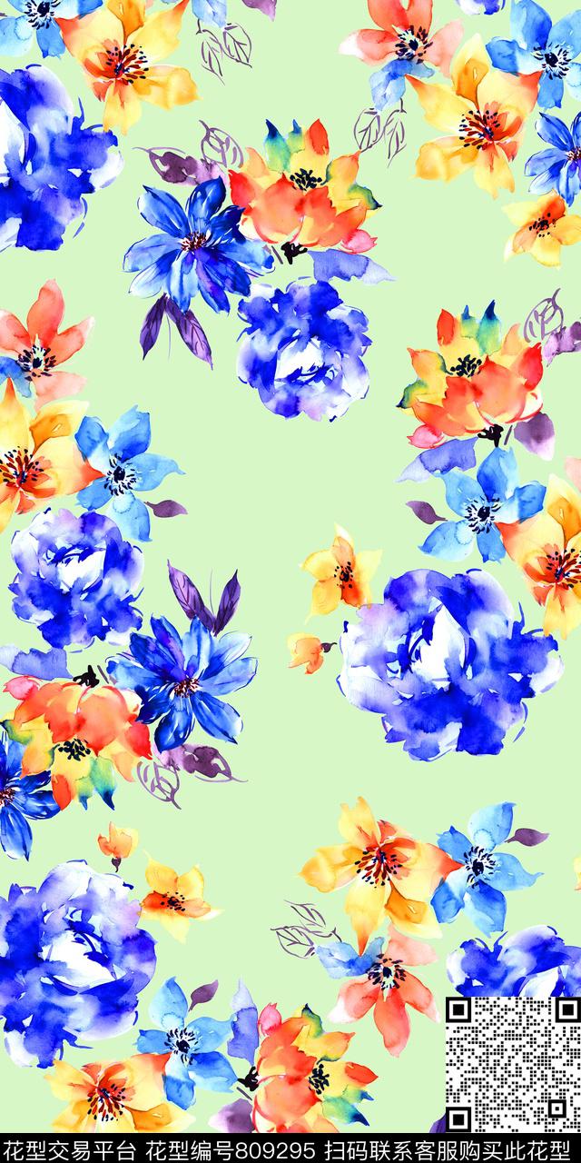 水彩手绘花卉传统印花华亿平台下载（图片编号: 809295） - 瓦栏（Walan）