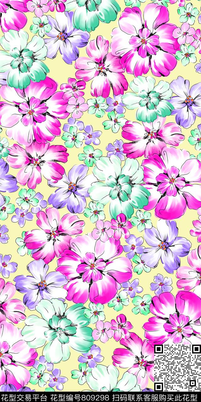 水彩手绘花卉传统印花华亿平台下载（图片编号: 809298） - 瓦栏（Walan）