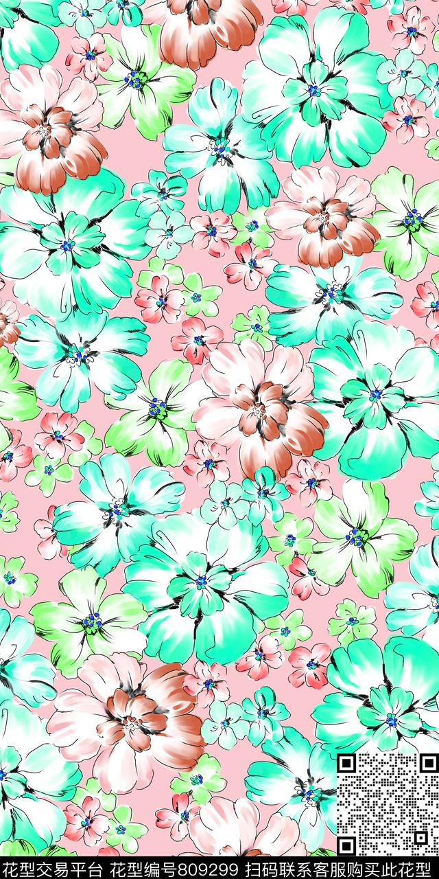 水彩手绘花卉传统印花华亿平台下载（图片编号: 809299） - 瓦栏（Walan）