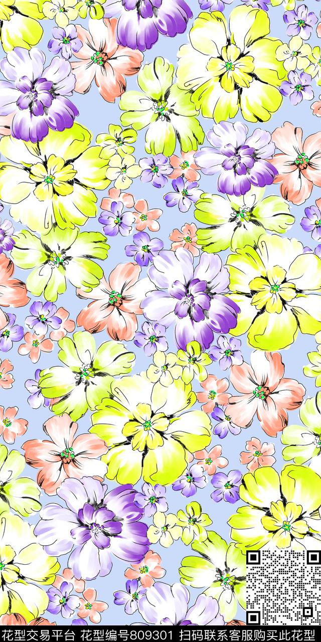 水彩手绘花卉传统印花华亿平台下载（图片编号: 809301） - 瓦栏（Walan）