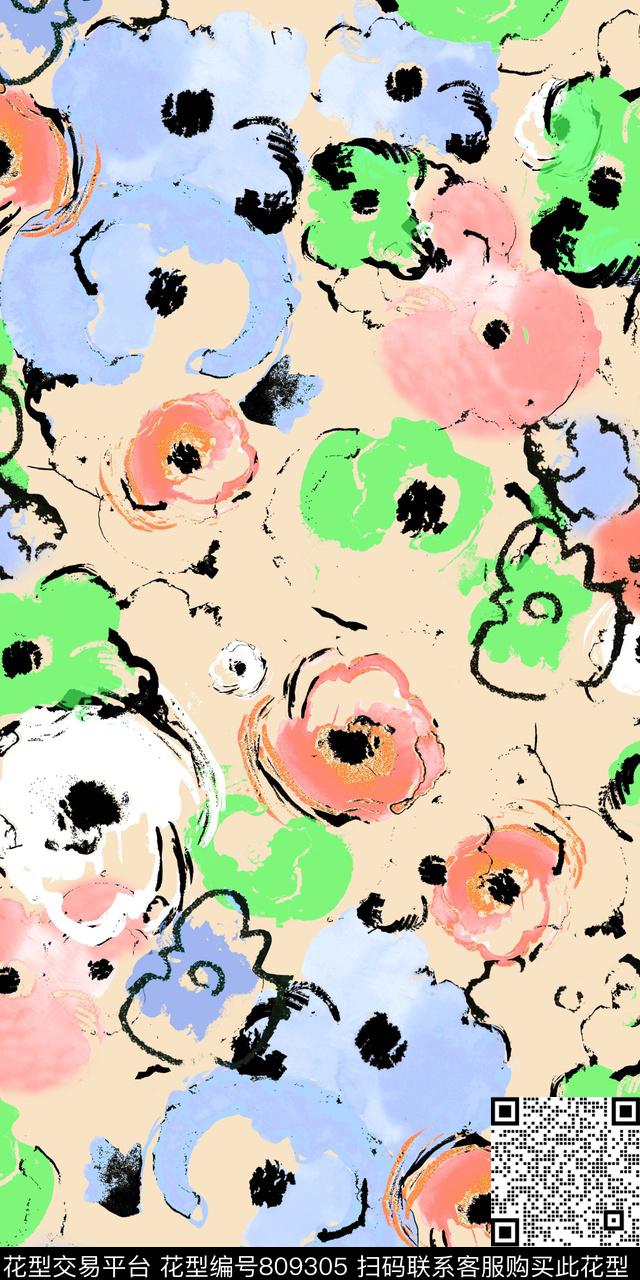 水彩手绘花卉传统印花华亿平台下载（图片编号: 809305） - 瓦栏（Walan）