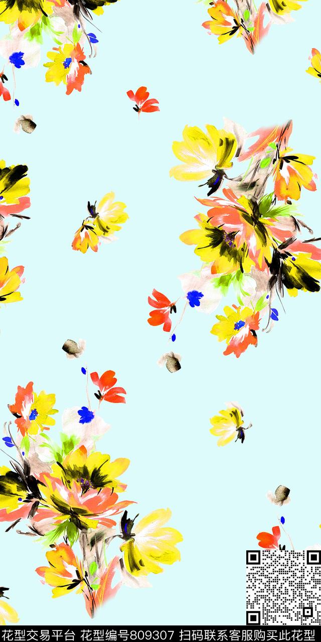 水彩手绘花卉传统印花华亿平台下载（图片编号: 809307） - 瓦栏（Walan）