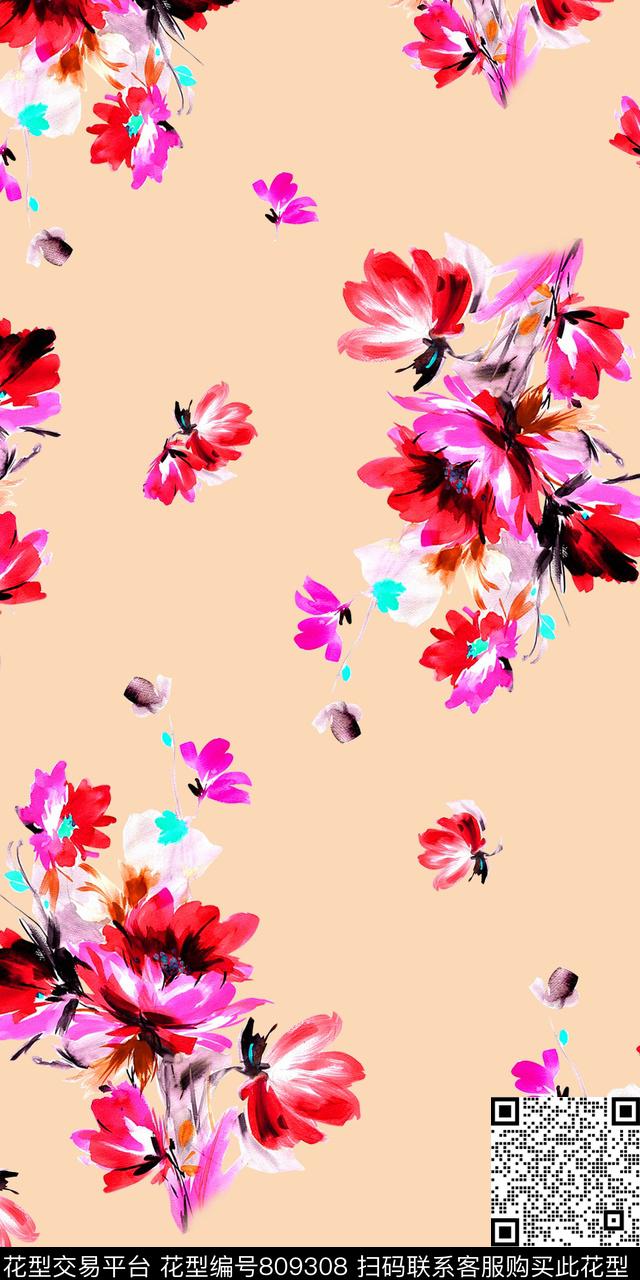 水彩手绘花卉传统印花华亿平台下载（图片编号: 809308） - 瓦栏（Walan）