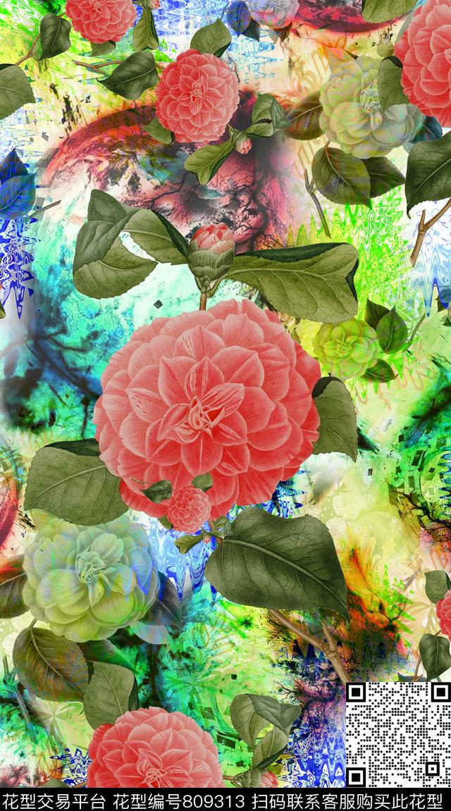 大花花卉女士衬衫数码印花华亿平台下载（图片编号: 809313） - 瓦栏（Walan）