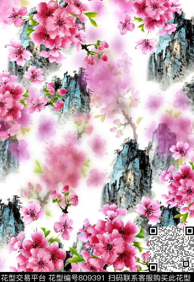 定位花女装中国风数码印花华亿平台下载（图片编号: 809391） - 瓦栏（Walan）