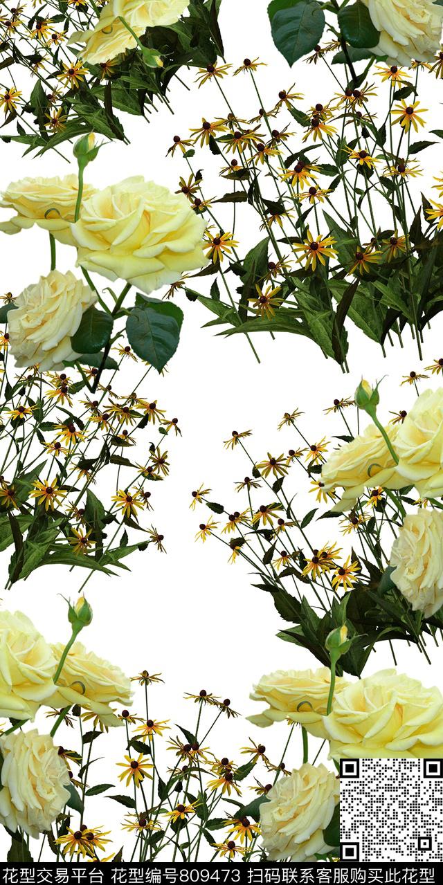 玉兰花雏菊百合数码印花华亿平台下载（图片编号: 809473） - 瓦栏（Walan）