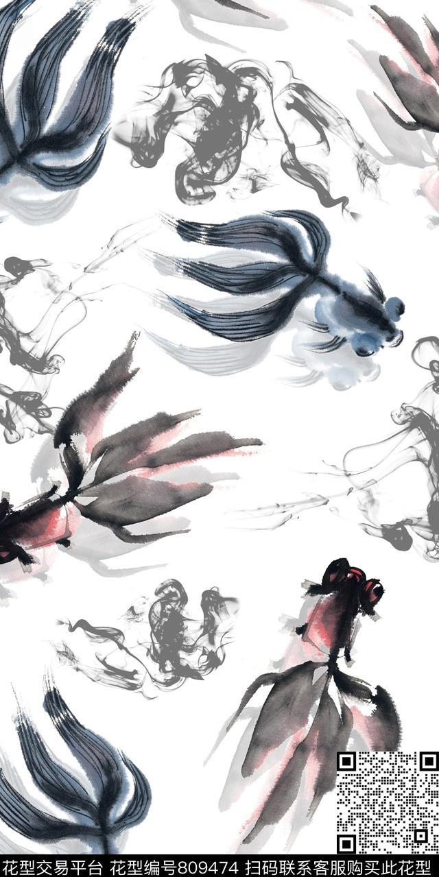 鱼水墨水彩传统印花华亿平台下载（图片编号: 809474） - 瓦栏（Walan）