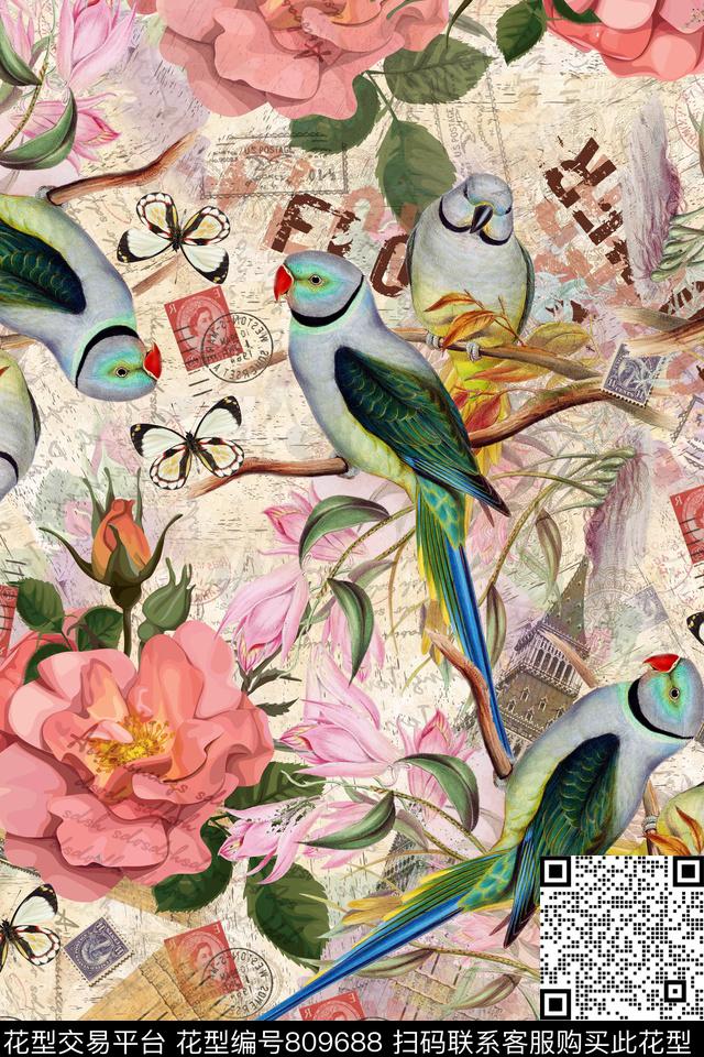 鹦鹉手绘花鸟欧美风数码印花华亿平台下载（图片编号: 809688） - 瓦栏（Walan）