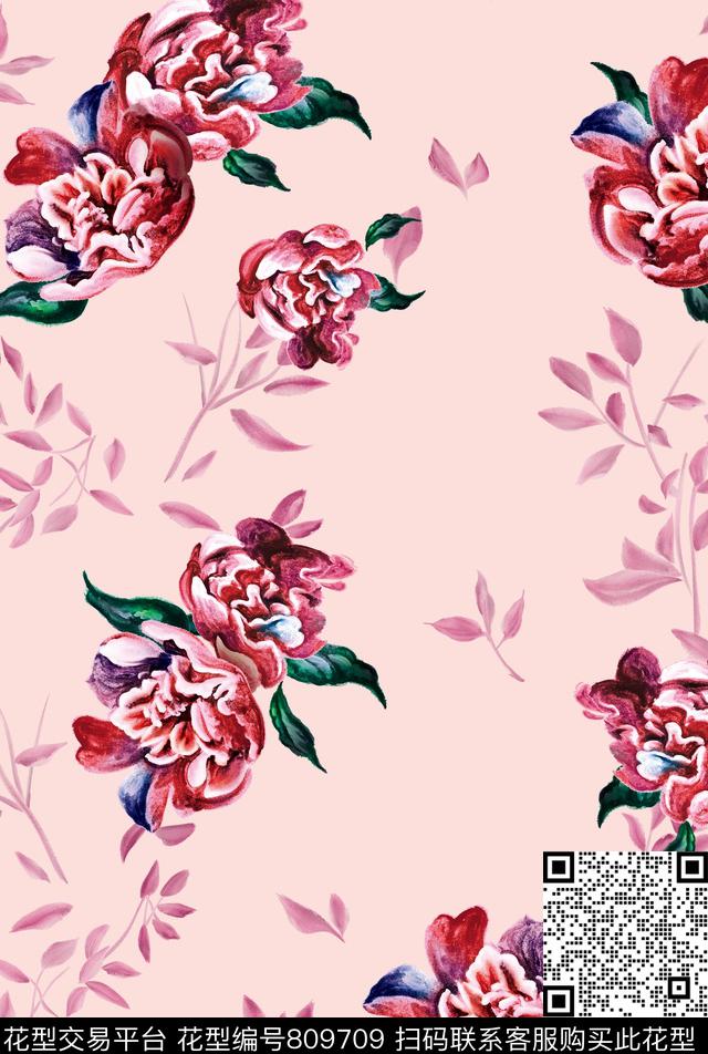 手绘花卉手绘牡丹花牡丹数码印花华亿平台下载（图片编号: 809709） - 瓦栏（Walan）
