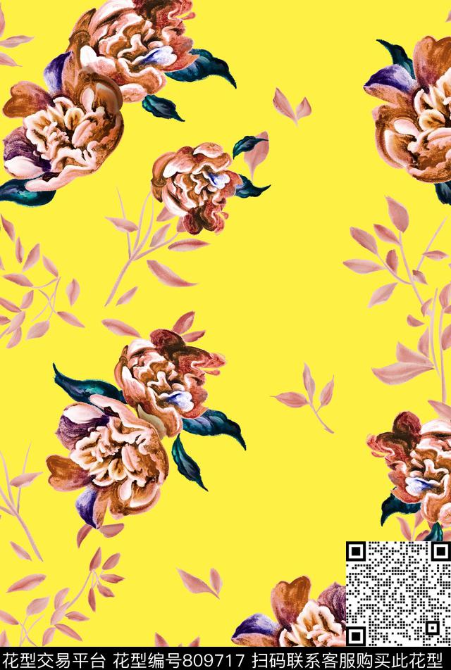 手绘花卉手绘牡丹花牡丹数码印花华亿平台下载（图片编号: 809717） - 瓦栏（Walan）
