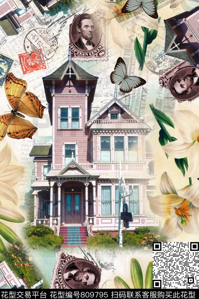 时尚花卉欧式建筑花卉数码印花华亿平台下载（图片编号: 809795） - 瓦栏（Walan）