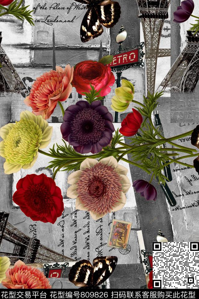 时尚花卉欧式建筑花卉数码印花华亿平台下载（图片编号: 809826） - 瓦栏（Walan）