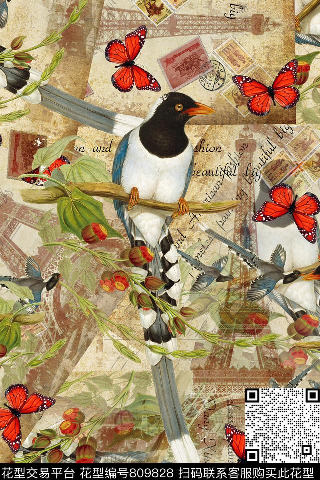 时尚花卉花鸟图案花卉数码印花华亿平台下载（图片编号: 809828） - 瓦栏（Walan）