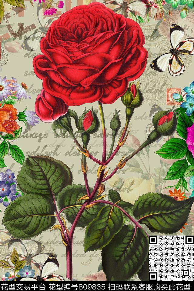 时尚花卉玫瑰花花卉数码印花华亿平台下载（图片编号: 809835） - 瓦栏（Walan）