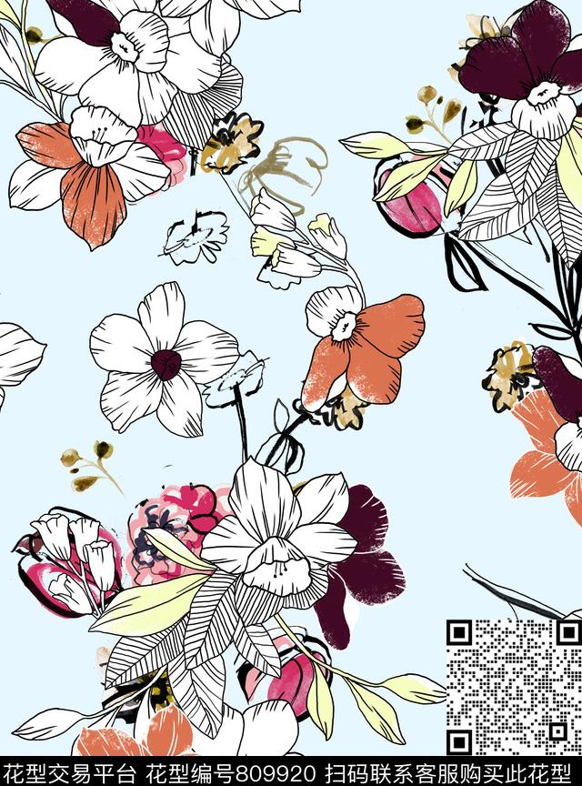 花卉热带手绘传统印花华亿平台下载（图片编号: 809920） - 瓦栏（Walan）