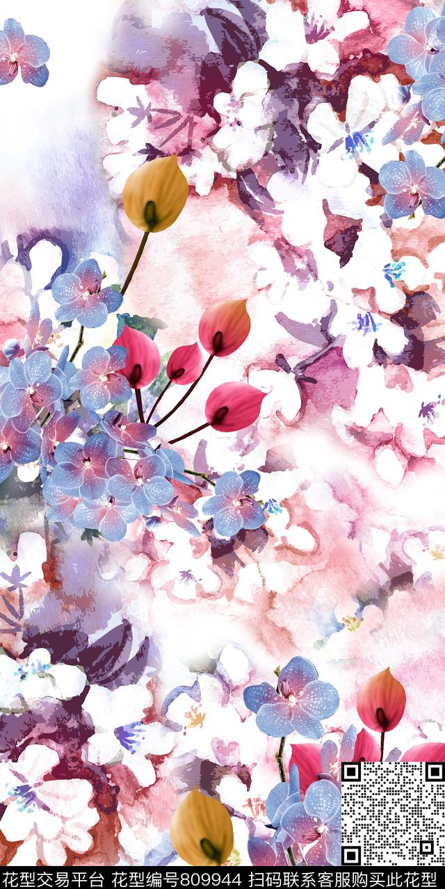 手绘乱花花朵数码印花华亿平台下载（图片编号: 809944） - 瓦栏（Walan）
