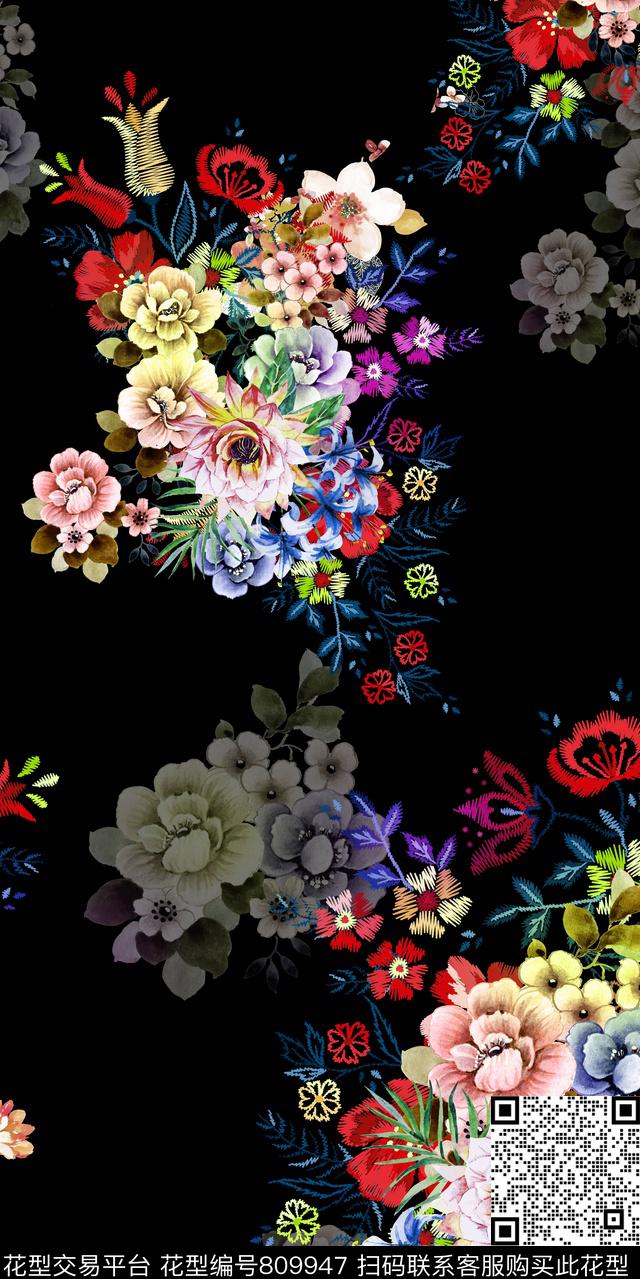 手绘乱花花朵数码印花华亿平台下载（图片编号: 809947） - 瓦栏（Walan）