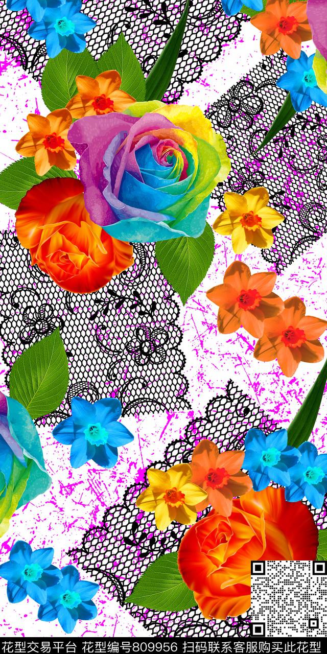 玫瑰炫彩花卉数码印花华亿平台下载（图片编号: 809956） - 瓦栏（Walan）