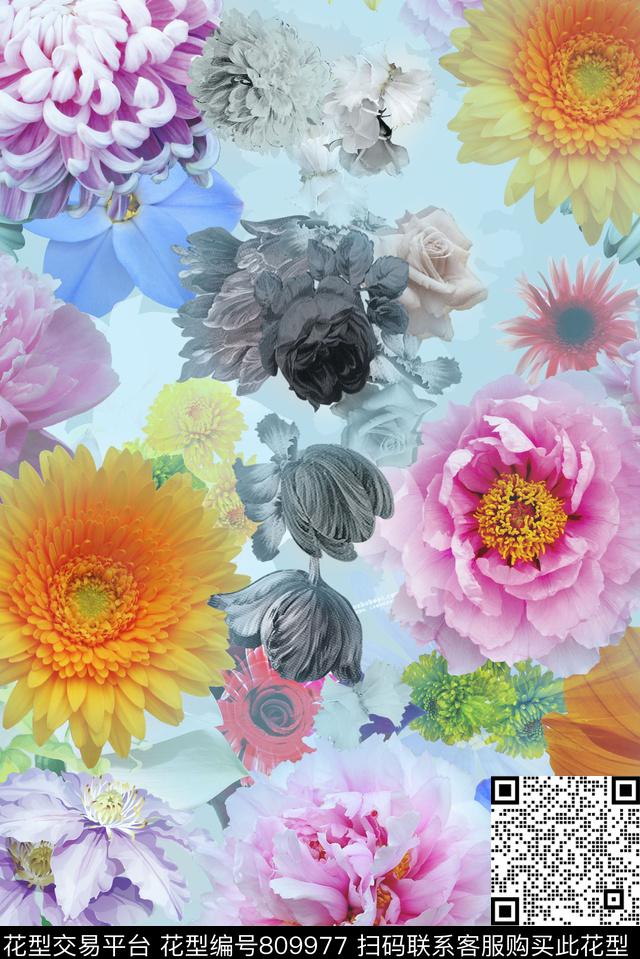 手绘花卉流行时尚数码印花华亿平台下载（图片编号: 809977） - 瓦栏（Walan）