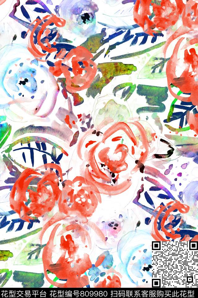 手绘水彩花卉数码印花华亿平台下载（图片编号: 809980） - 瓦栏（Walan）