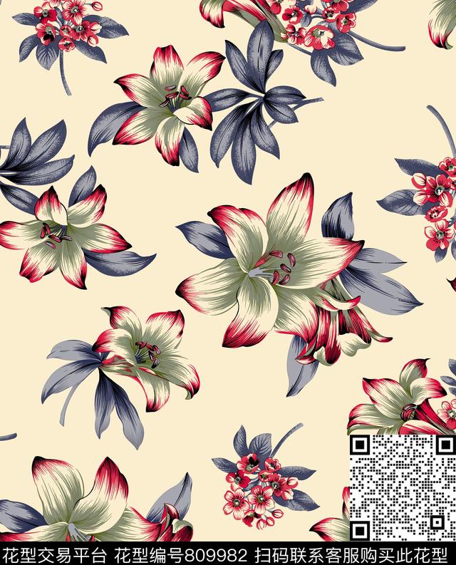 百合床品花卉传统印花华亿平台下载（图片编号: 809982） - 瓦栏（Walan）