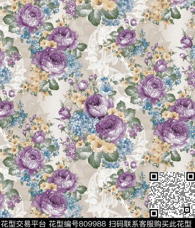 牡丹大花床品传统印花华亿平台下载（图片编号: 809988） - 瓦栏（Walan）
