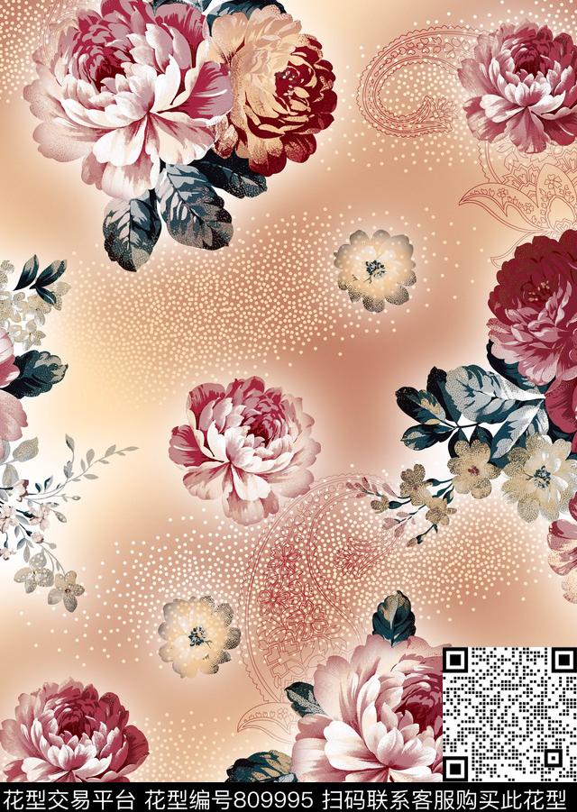 牡丹花朵床品传统印花华亿平台下载（图片编号: 809995） - 瓦栏（Walan）