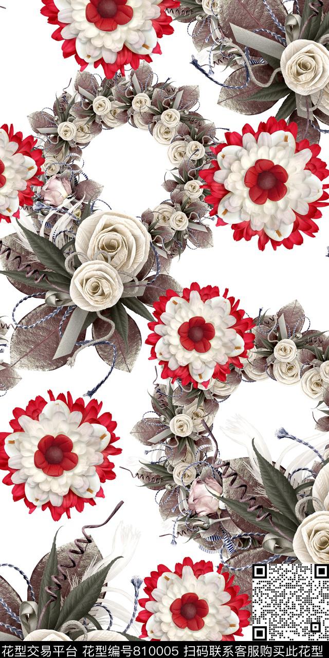 玉兰花雏菊百合数码印花华亿平台下载（图片编号: 810005） - 瓦栏（Walan）