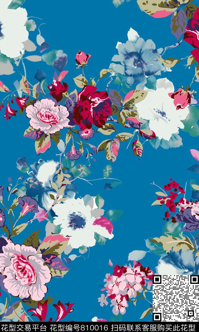 手绘花卉流行时尚数码印花华亿平台下载（图片编号: 810016） - 瓦栏（Walan）