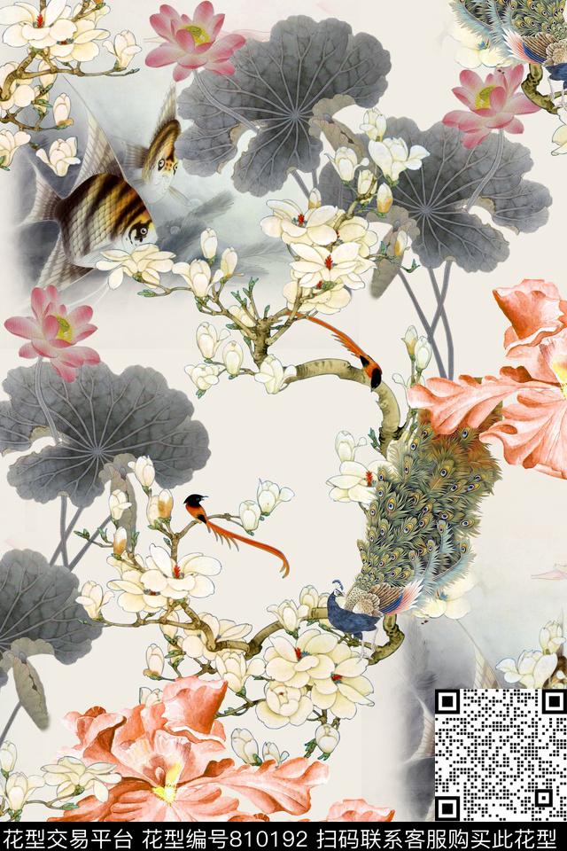 中国风荷花花卉数码印花华亿平台下载（图片编号: 810192） - 瓦栏（Walan）