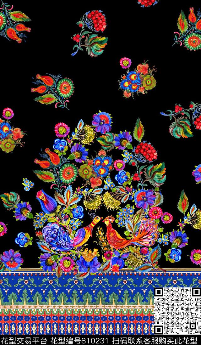 民族风花鸟水彩数码印花华亿平台下载（图片编号: 810231） - 瓦栏（Walan）