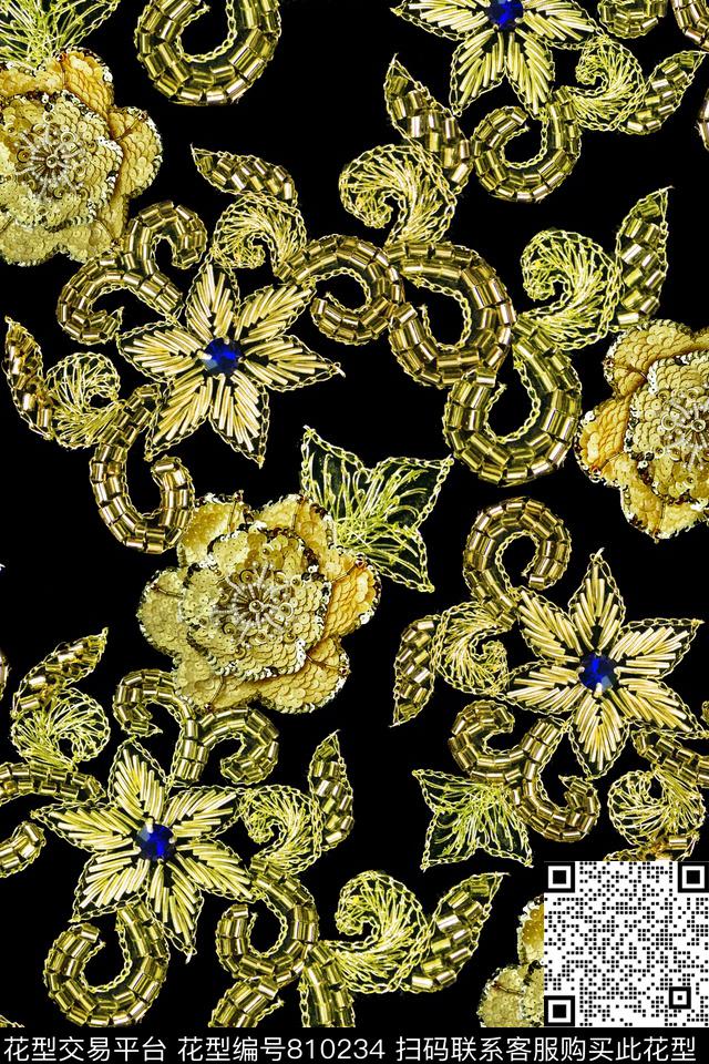 花卉珠片绣花数码印花华亿平台下载（图片编号: 810234） - 瓦栏（Walan）