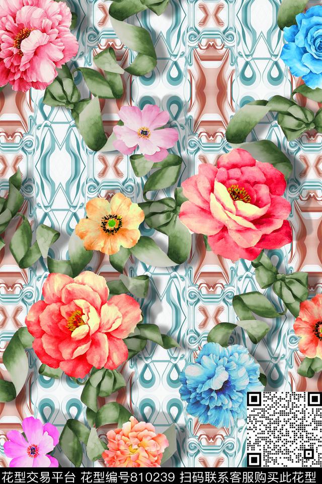 花卉手绘花几何数码印花华亿平台下载（图片编号: 810239） - 瓦栏（Walan）