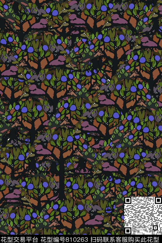 苹果树茂密多彩传统印花华亿平台下载（图片编号: 810263） - 瓦栏（Walan）