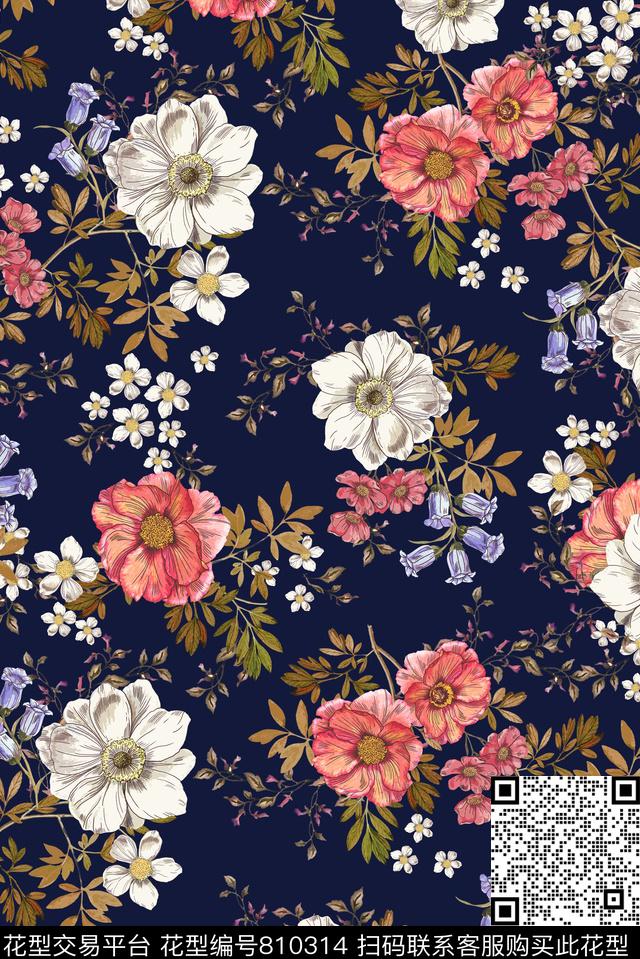 手绘水彩植物数码印花华亿平台下载（图片编号: 810314） - 瓦栏（Walan）