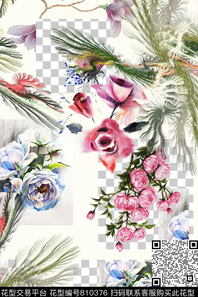 手绘花卉绿叶数码印花华亿平台下载（图片编号: 810376） - 瓦栏（Walan）