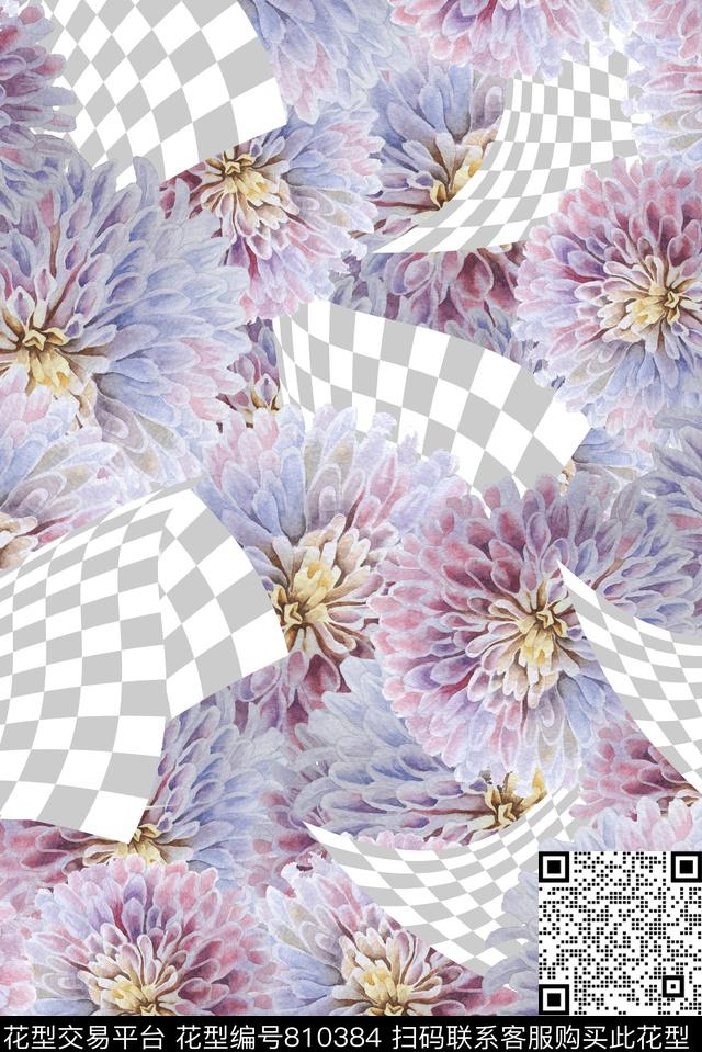 模拟透明格子花卉数码印花华亿平台下载（图片编号: 810384） - 瓦栏（Walan）